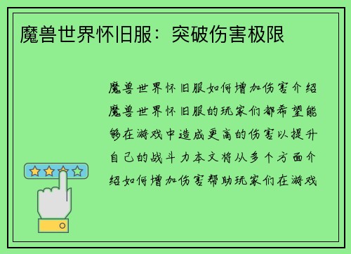魔兽世界怀旧服：突破伤害极限